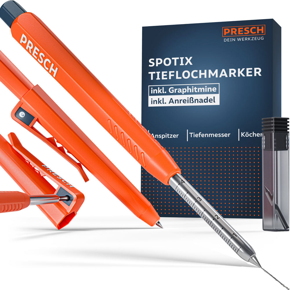 Das PRESCH SPOTIX Set bestehend aus dem orangefarbenen Tieflochmarker, Köcher, Graphitminen und einer Wolframstahl-Anreißnadel vor der Produktverpackung.