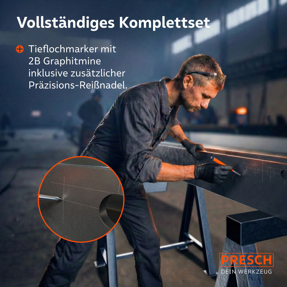 Ein Handwerker nutzt den Tieflochmarker in einer Werkstatt für präzise Markierungen auf einer Metallschiene; Inset zeigt eine feine Anreißlinie.