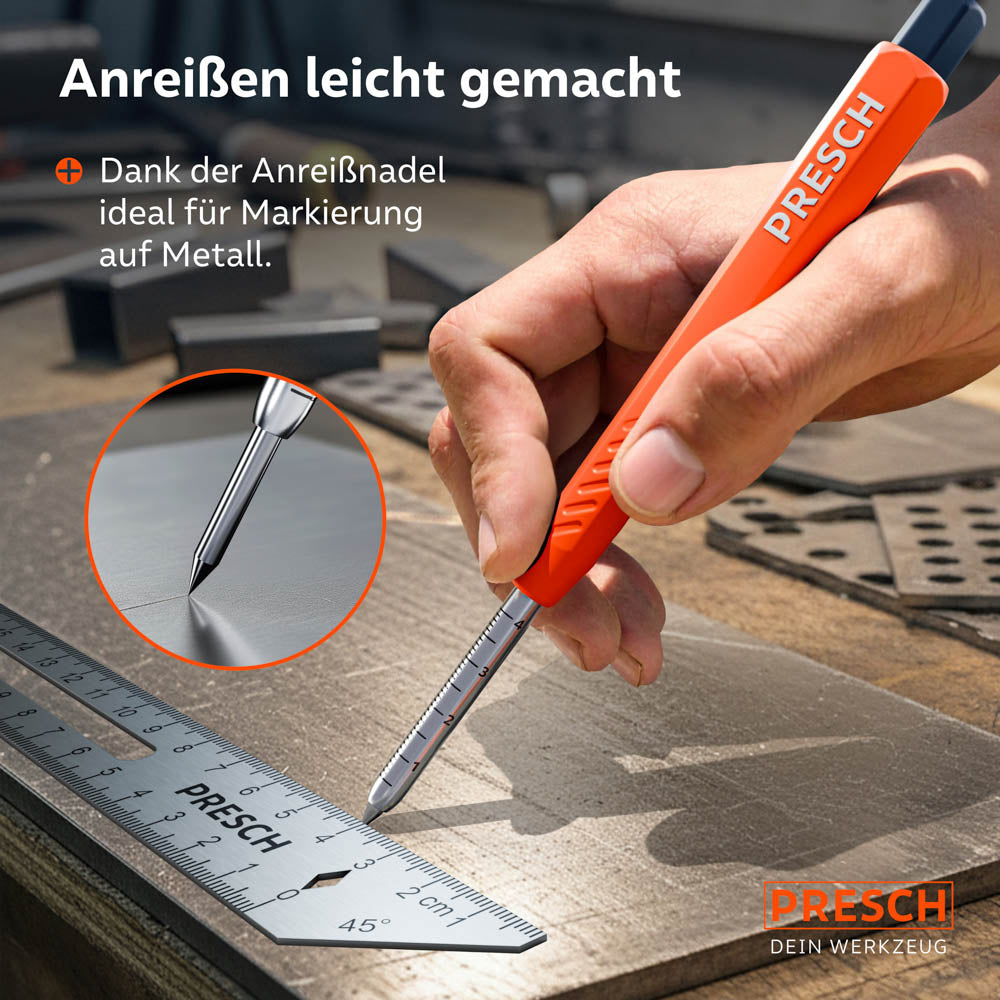 Anreißen auf Metall leicht gemacht: Eine Hand führt den Marker mit eingesetzter Wolframstahl-Nadel entlang eines Metallwinkels.