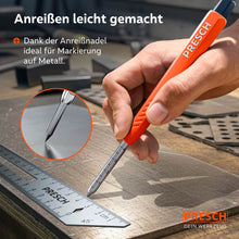 Anreißen auf Metall leicht gemacht: Eine Hand führt den Marker mit eingesetzter Wolframstahl-Nadel entlang eines Metallwinkels.