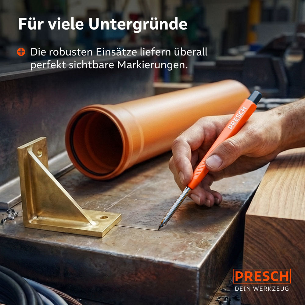 Vielseitiger Einsatz: Der Marker setzt präzise Linien auf unterschiedlichen Untergründen wie Metall, Kunststoffrohren und Holzblöcken.