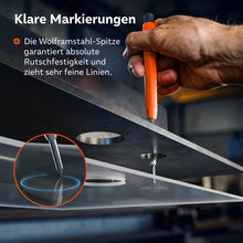 Klare Markierungen auf dunklem Stahl: Die Wolframstahl-Spitze garantiert Rutschfestigkeit und zieht extrem feine, gut sichtbare Linien.