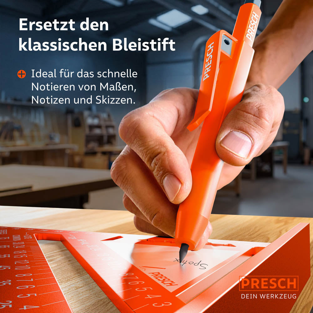 Nahaufnahme einer Hand, die den SPOTIX Marker wie einen klassischen Bleistift nutzt, um Maße auf einem Werkstück aus Holz zu notieren.