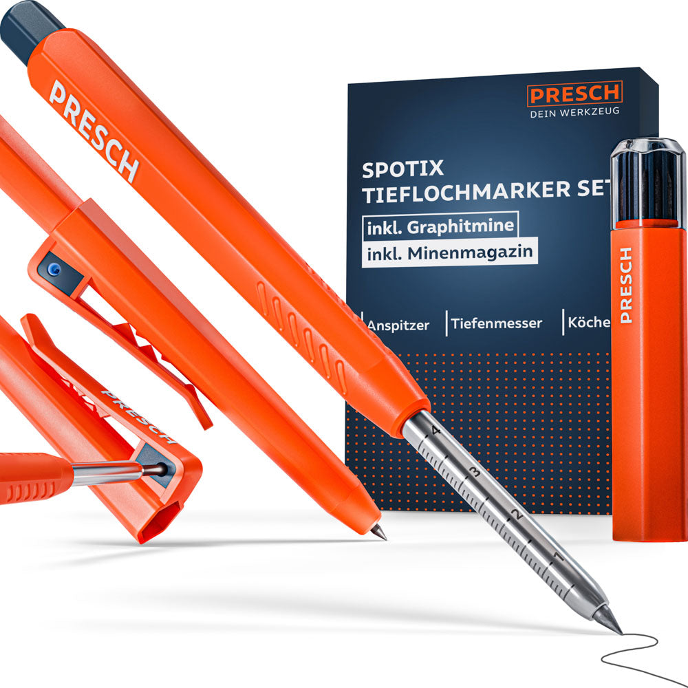 Das PRESCH Tieflochmarker SPOTIX Set bestehend aus dem orangefarbenen Tieflochmarker, Köcher und einem Minenmagazin mit schwarzen Graphitminen vor der dunkelblauen Verpackung.