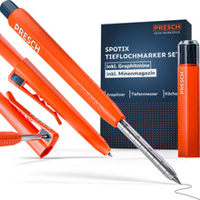 Das PRESCH Tieflochmarker SPOTIX Set bestehend aus dem orangefarbenen Tieflochmarker, Köcher und einem Minenmagazin mit schwarzen Graphitminen vor der dunkelblauen Verpackung.