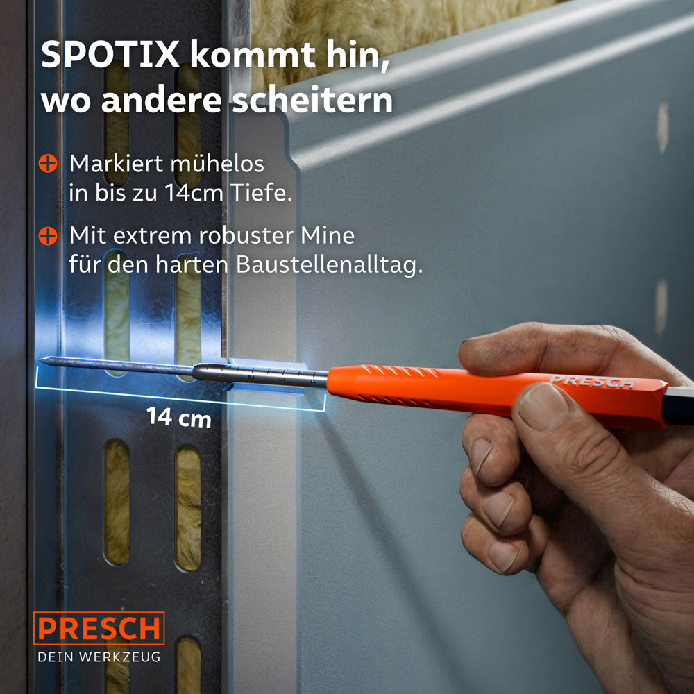 Ein Handwerker setzt den SPOTIX Tieflochmarker ein, um durch ein tiefes Metallprofil (bis zu 14cm) eine Markierung auf einer Dämmwand vorzunehmen.