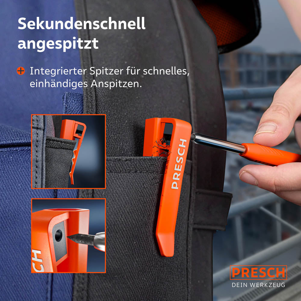 Dreiteilige Detailansicht des integrierten Spitzers im Köcher, der ein schnelles, einhändiges Anspitzen der Mine direkt an der Arbeitshose ermöglicht.
