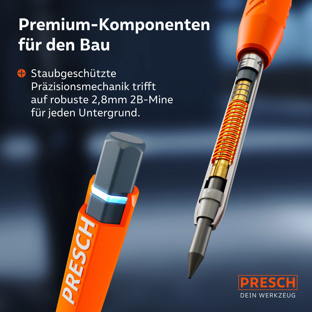 Innenansicht der Premium-Komponenten: Gezeigt wird die staubgeschützte Präzisionsmechanik mit Federung und die robuste 2,8mm Graphitmine des Markers.