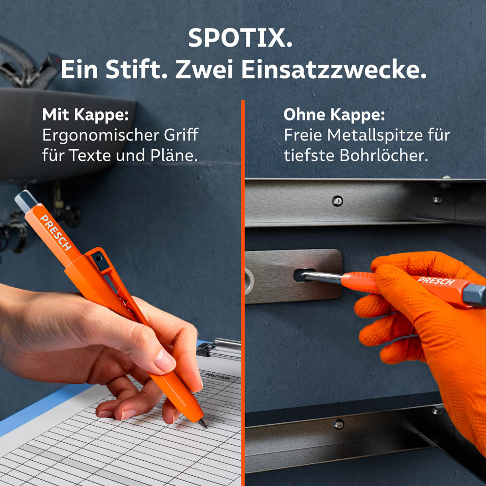 Vergleich der Einsatzmodi: Links die Nutzung mit ergonomischer Kappe für Pläne, rechts die freie Metallspitze für Markierungen in tiefen Bohrlöchern.