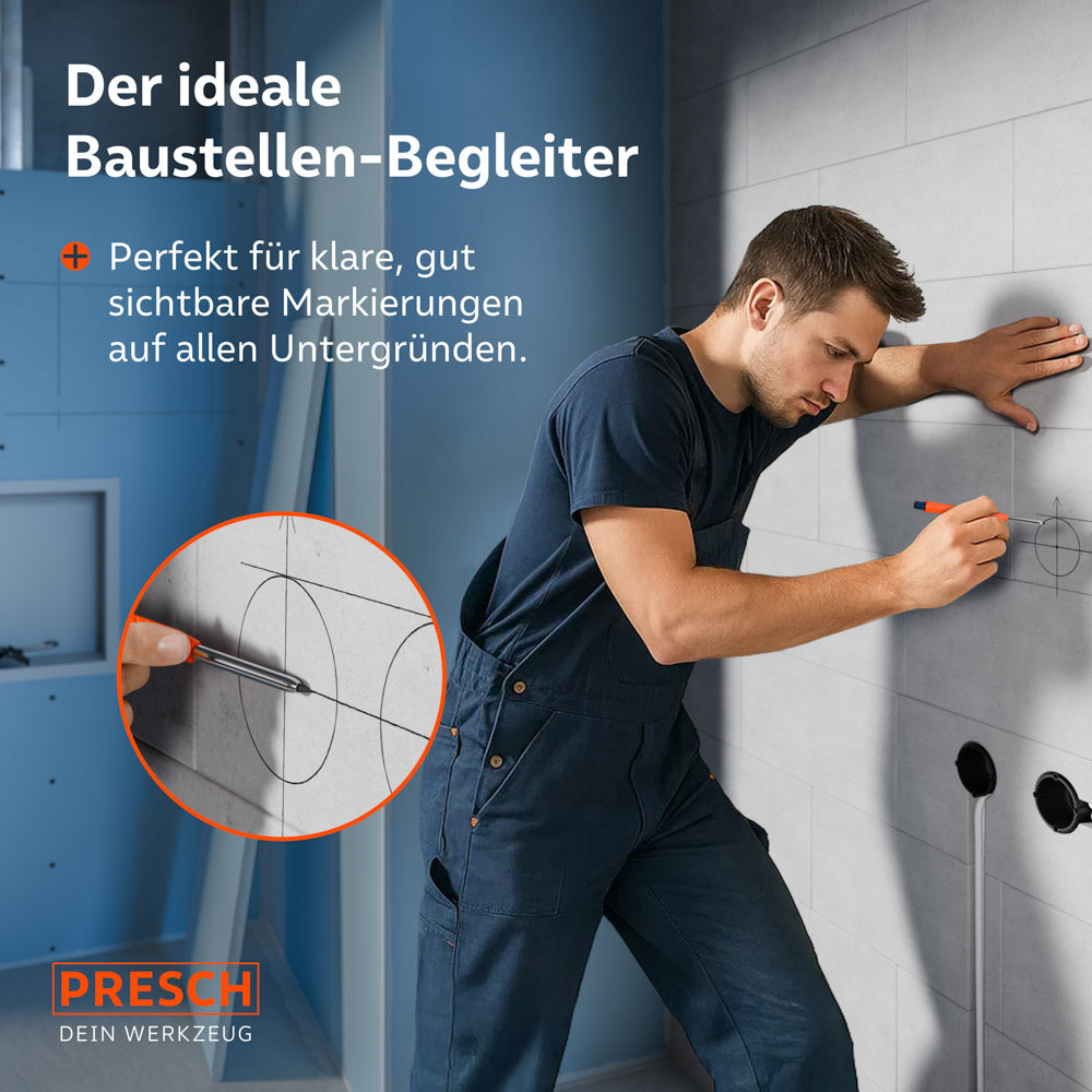 Ein Handwerker in Arbeitskleidung nutzt den orangefarbenen SPOTIX Marker für präzise Markierungen auf einer gefliesten Wand; Inset zeigt die feine Metallspitze im Detail.