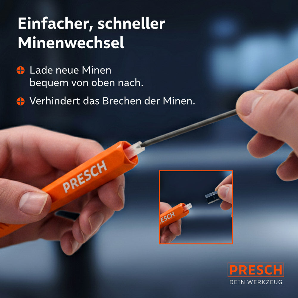 Nahaufnahme des Minenwechsels: Eine neue Graphitmine wird von oben in den SPOTIX Tieflochmarker eingeführt; Inset zeigt den abgenommenen Druckknopf des Stifts.