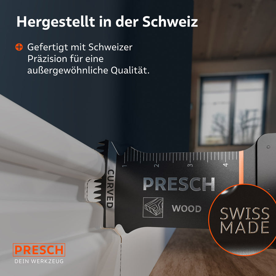 Close‑up van de vervaardigde precisie uit Zwitserland: Het “Swiss Made” label garandeert uitzonderlijke kwaliteit en duurzaamheid bij houtbewerking.