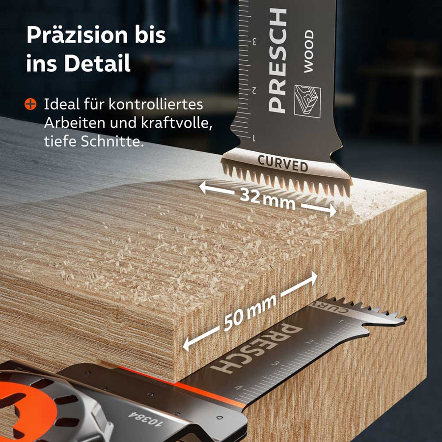 Technische afmetingen: Visualisatie van de snijbreedte van 32 mm en de bruikbare lengte van 50 mm bij krachtig gebruik in een massieve houten balk.