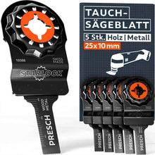PRESCH Multitool onderdompelzaagblad in een set van 5 voor hout en met (25x10mm) met Starlock‑bevestiging. Extra smalle bi‑metaal zaagbladen met geïntegreerde schaal en “Swiss Made” markering.
