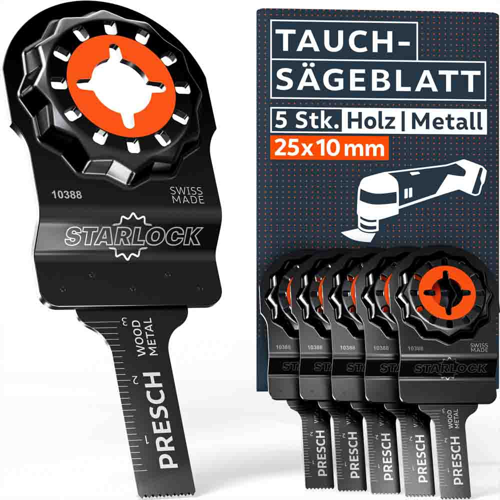 PRESCH Multitool Tauchsägeblatt im 5er Set für Holz & Metall (25x10mm) mit Starlock-Aufnahme. Extra schmale Bi-Metall Sägeblätter mit integrierter Skala und „Swiss Made“ Kennzeichnung.