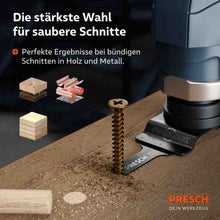Maximale precisie bij naadloze sneden: Het multitoolblad bij het nauwkeurig afkorten van een naadloos zittende metalen schroef in een houten oppervlak.
