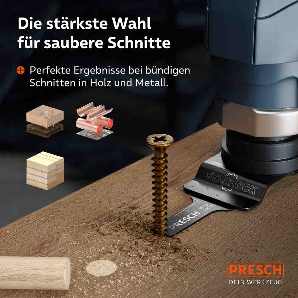 Maximale Präzision bei bündigen Schnitten: Das Multitool-Blatt beim exakten Kürzen einer bündig sitzenden Metallschraube in einer Holzoberfläche.