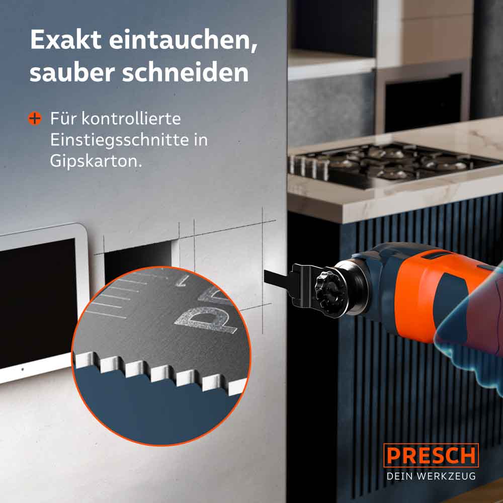 Perfekt für Elektroinstallationen: Das 10mm breite Tauchsägeblatt beim kontrollierten Erstellen eines präzisen Ausschnitts in einer Gipskartonwand.