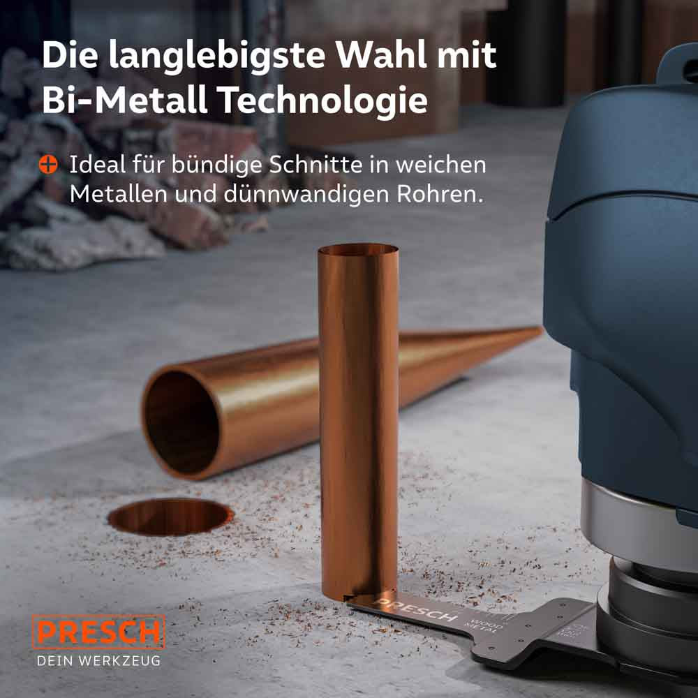 Langlebigkeit durch hochwertige Materialien: Das Bi-Metall Blatt beim bündigen Trennen eines Kupferrohrs direkt am Boden; ideal für weiche Metalle und dünnwandige Rohre.