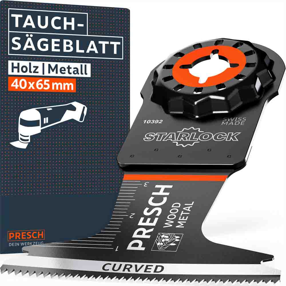 PRESCH Multitool Fraise de scie plongeante pour bois & métal (40x65mm) avec prise Starlock. Lame de scie bi‑métal de haute qualité avec bord de coupe Curved‑Tec, échelle intégrée et marquage “Swiss Made”.