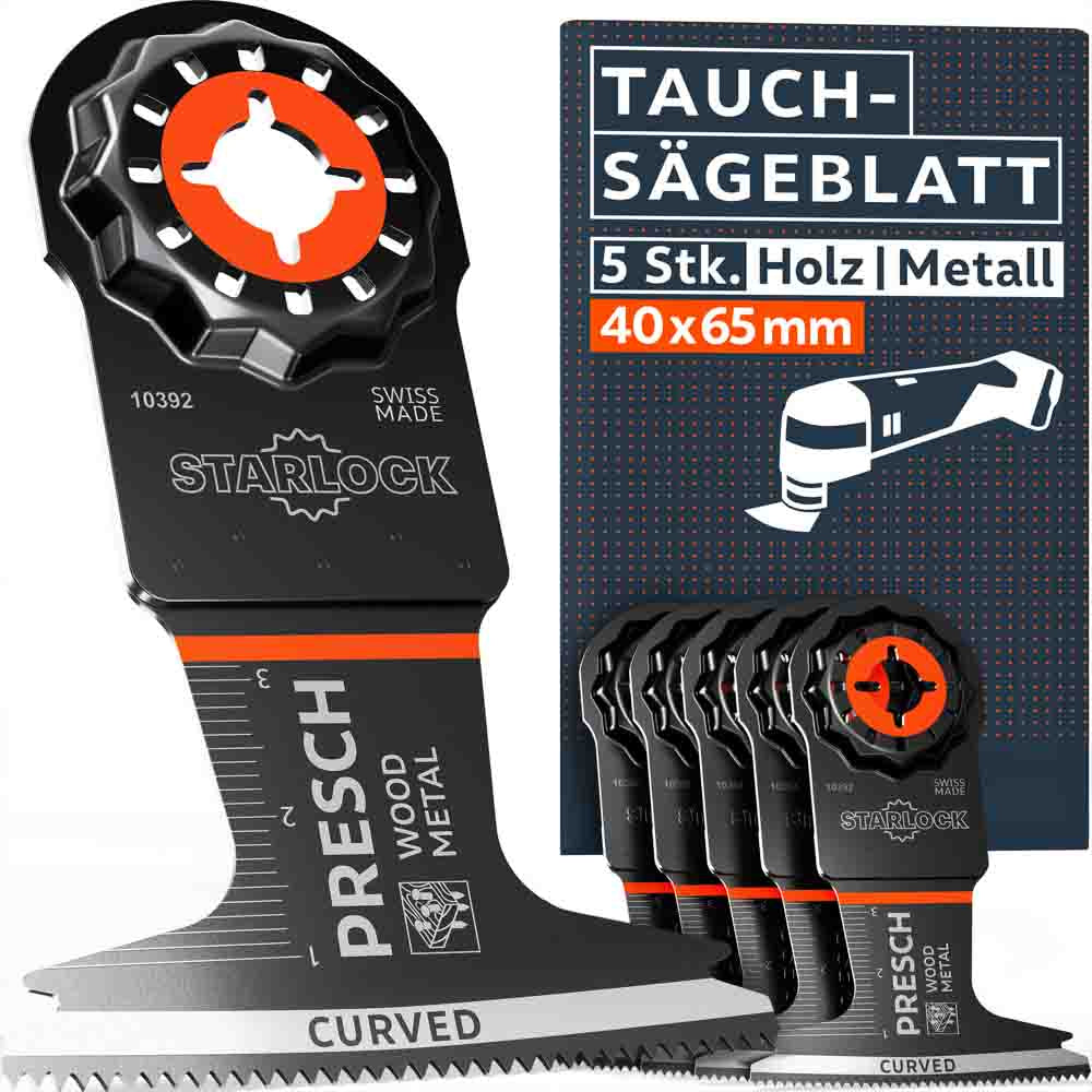PRESCH Multitool Tauchsägeblatt für Holz & Metall im 5er Set (40x65mm) mit Starlock-Aufnahme. Hochwertige Bi-Metall-Sägeblätter mit Curved-Tec Schneidkante, integrierter Skala und „Swiss Made“ Kennzeichnung.