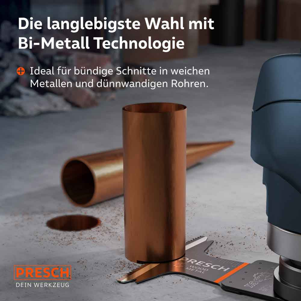 Die langlebigste Wahl: Das Tauchsägeblatt beim bündigen Trennen eines Kupferrohrs direkt über dem Boden; ideal für weiche Metalle und dünnwandige Rohre.