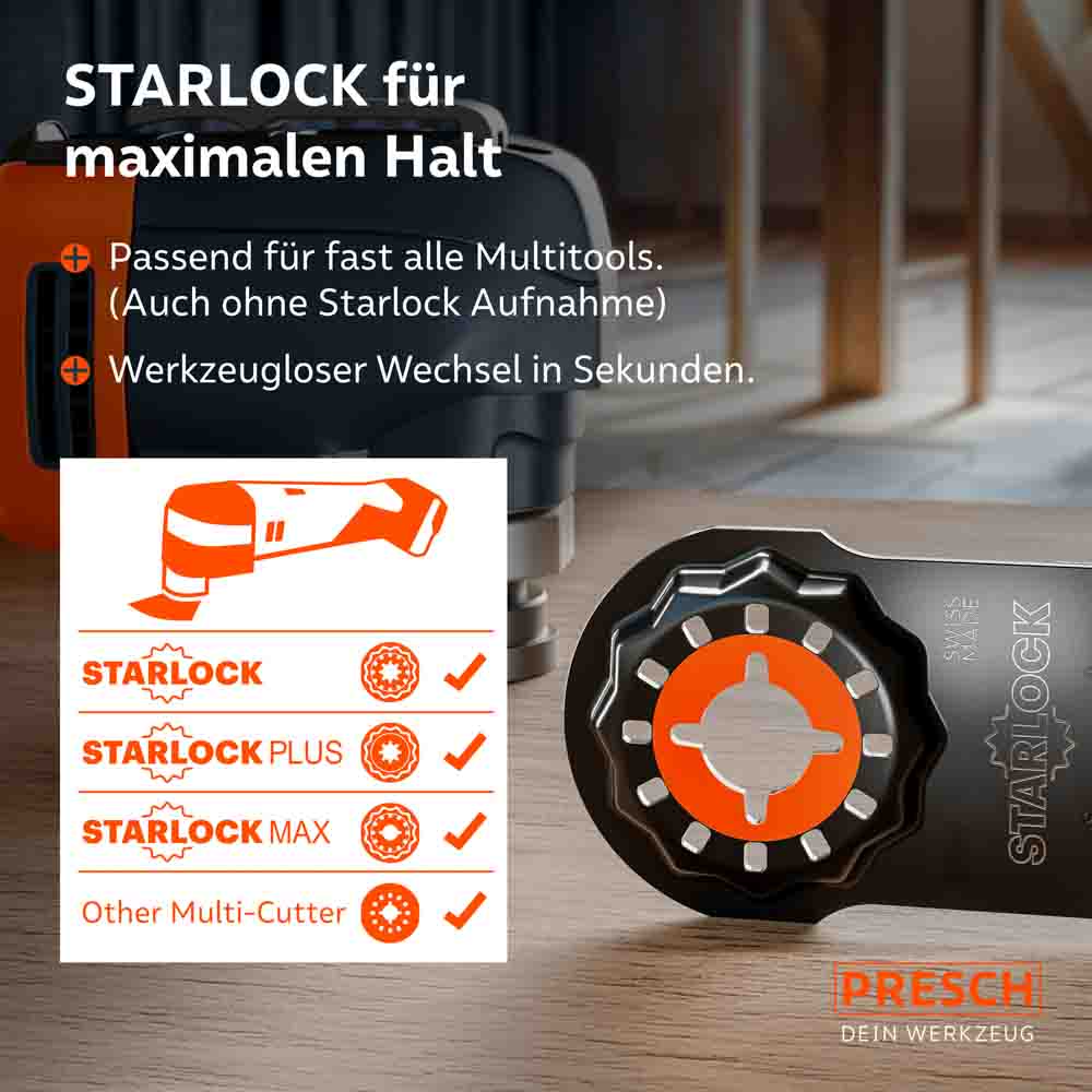 Detailansicht der universellen Starlock-Aufnahme: Kompatibel mit Starlock, Starlock Plus und Starlock Max Systemen sowie weiteren Multi-Cuttern für einen werkzeuglosen Wechsel in Sekunden.