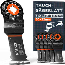 PRESCH Multitool onderzaagblad 5-delige set voor hout & metaal (50x32mm) met Starlock-opname. Hoogwaardige bi-metaalzaagbladen met Curved‑Tec snijkant, geïntegreerde schaal en “Swiss Made” markering.