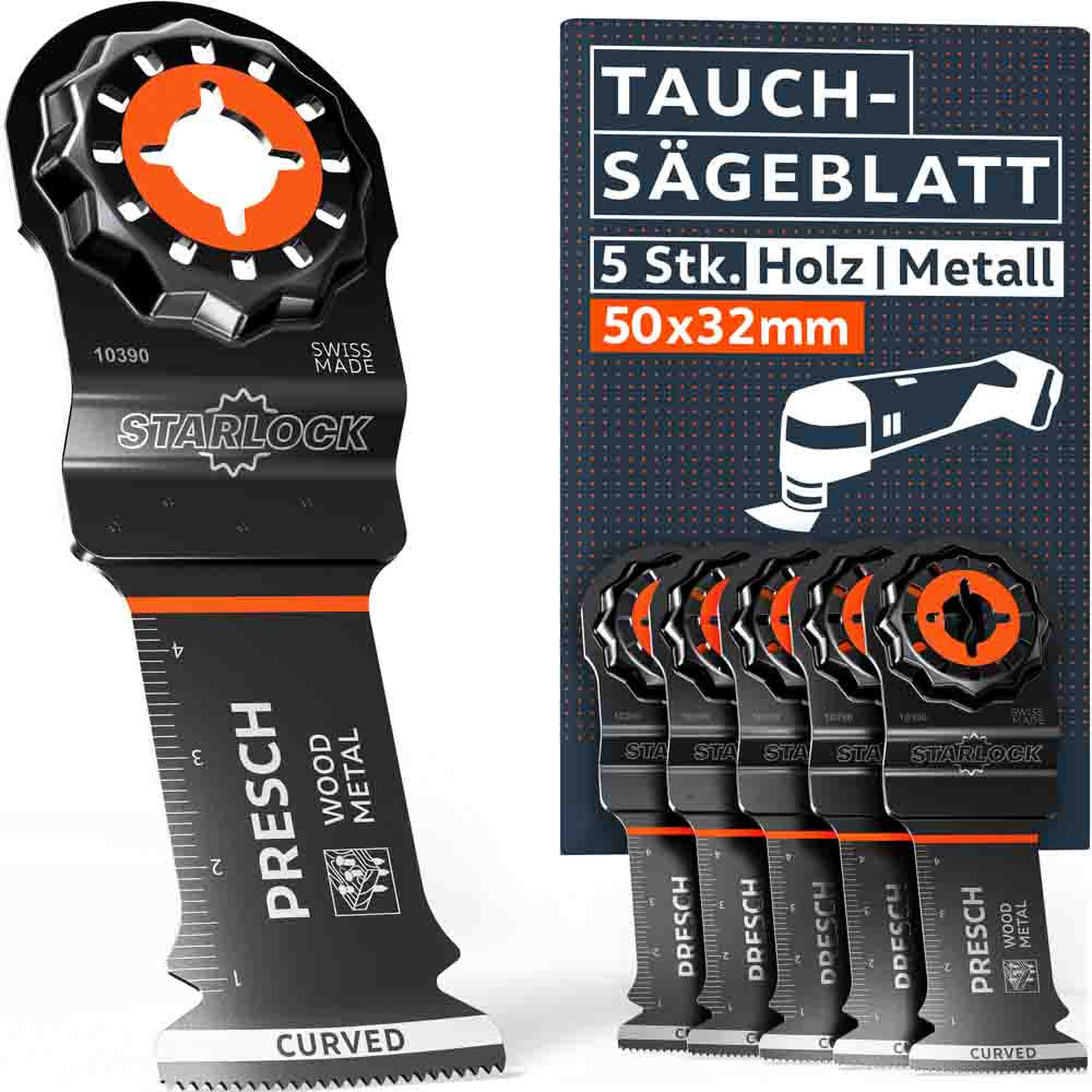 PRESCH Multitool Tauchsägeblatt 5er Set für Holz & Metall (50x32mm) mit Starlock-Aufnahme. Hochwertige Bi-Metall-Sägeblätter mit Curved-Tec Schneidkante, integrierter Skala und „Swiss Made“ Kennzeichnung.