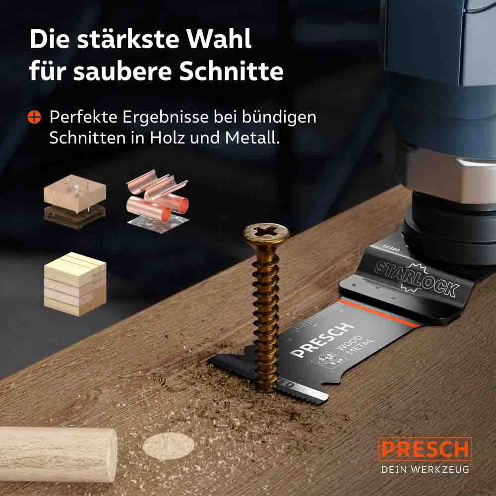 Perfekte Ergebnisse bei bündigen Schnitten: Das Bi-Metall-Blatt beim mühelosen Kürzen einer Metallschraube direkt an der Holzoberfläche.