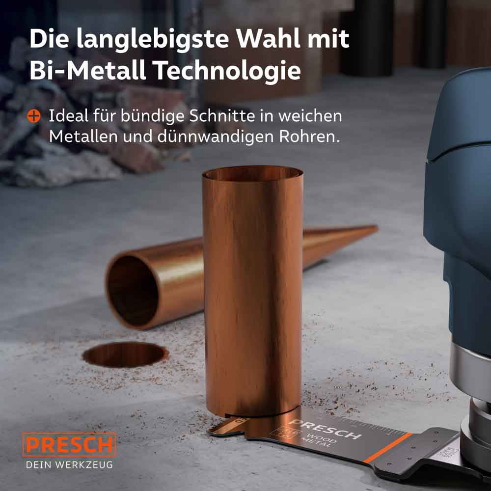 Langlebigkeit bei anspruchsvollen Materialien: Das Tauchsägeblatt beim bündigen Trennen eines Kupferrohrs direkt über dem Boden; ideal für weiche Metalle und dünnwandige Rohre.