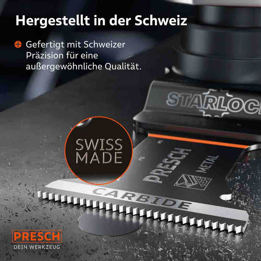 Zwitserse precisiewerk voor extreme omstandigheden: close‑up van carbide tanden bij een vlakke snede op een metalen oppervlak; “Swiss Made” voor ultieme levensduur.