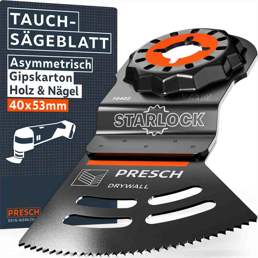 PRESCH Multitool dompelzaagblad asymmetrisch (40x53mm) met Starlock-bevestiging. Speciale zaagblad voor gipsplaten, hout & spijkers met 'Swiss Made' markering en innovatieve asymmetrische vorm.