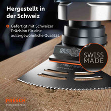 Zwitserse precisie voor interieurafwerking: close‑up van de Starlock‑opname en de vergrendeling; “Swiss Made” garandeert uitzonderlijke kwaliteit bij droogbouwbewerking.
