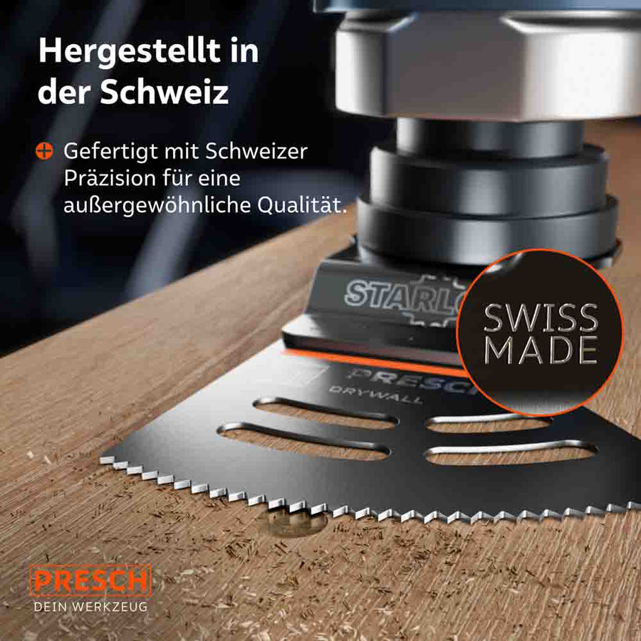 Zwitserse precisie voor interieurafwerking: close‑up van de Starlock‑opname en de vergrendeling; “Swiss Made” garandeert uitzonderlijke kwaliteit bij droogbouwbewerking.