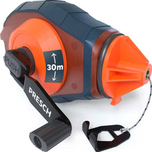 Corde à déclencheur professionnelle PRESCH avec une portée de 30 m. Boîtier ergonomique en bleu et orange avec une manivelle robuste, verrouillage à poussée et crochet d'extrémité en métal.
