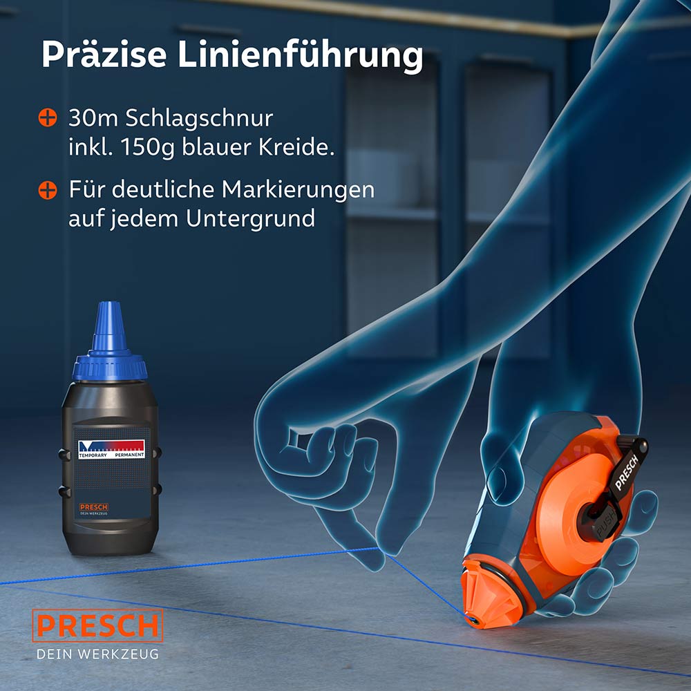 Anwendung auf Betonboden: Die 30 m Schlagschnur mit 150g blauer Kreide liefert scharfe Markierungslinien auf jedem Untergrund; Kurbelarretierung garantiert die richtige Spannung.