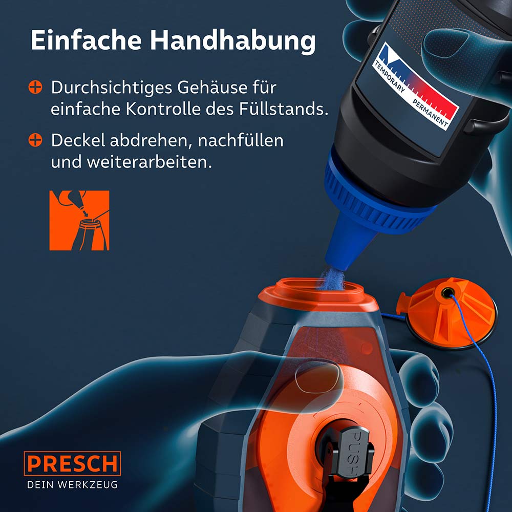 Komfortables Nachfüllen: Das Gehäuse besitzt ein Sichtfenster zur Füllstandskontrolle und einen abdrehbaren Deckel zum einfachen Einfüllen der blauen Kreide.