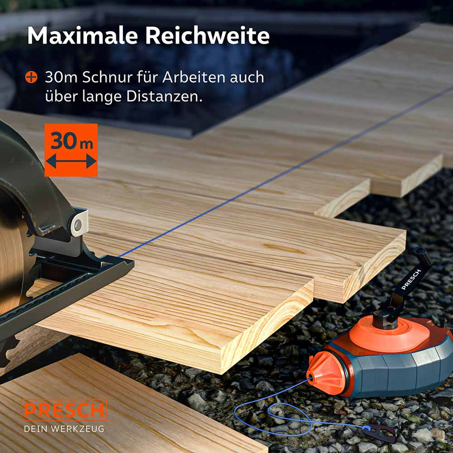 Utilisation à grande échelle : La corde de 30 m permet des marquages précis sur de longues distances, par exemple lors de la planification de terrasses en bois en extérieur.