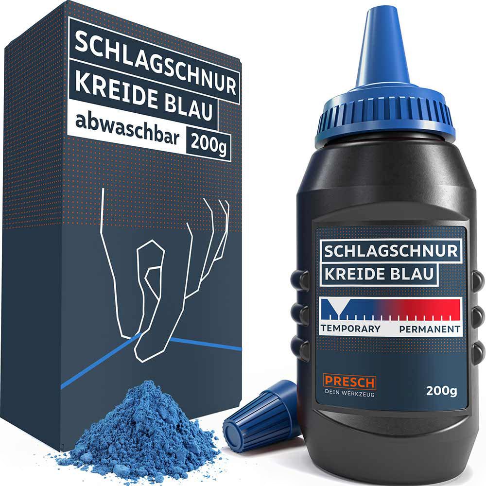 PRESCH blaue Schlagschnurkreide (200g) – Abwaschbare Markierungskreide in der praktischen Dosierflasche, inklusive Produktverpackung mit Anwendungsbeispiel.