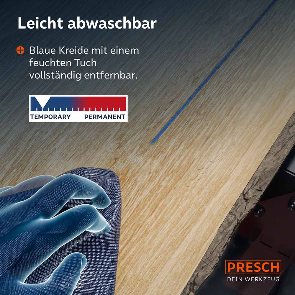 Rückstandslose Entfernung im Innenbereich: Die blaue Kreide lässt sich mit einem feuchten Tuch vollständig von Holzoberflächen abwischen; ideal für temporäre Markierungen.