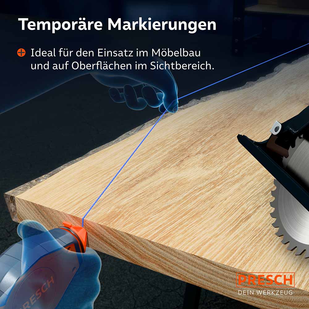 Ideal für den Möbelbau: Die blaue Kreide sorgt für exakte Führungslinien auf Sichtoberflächen, die nach der Bearbeitung einfach entfernt werden können.