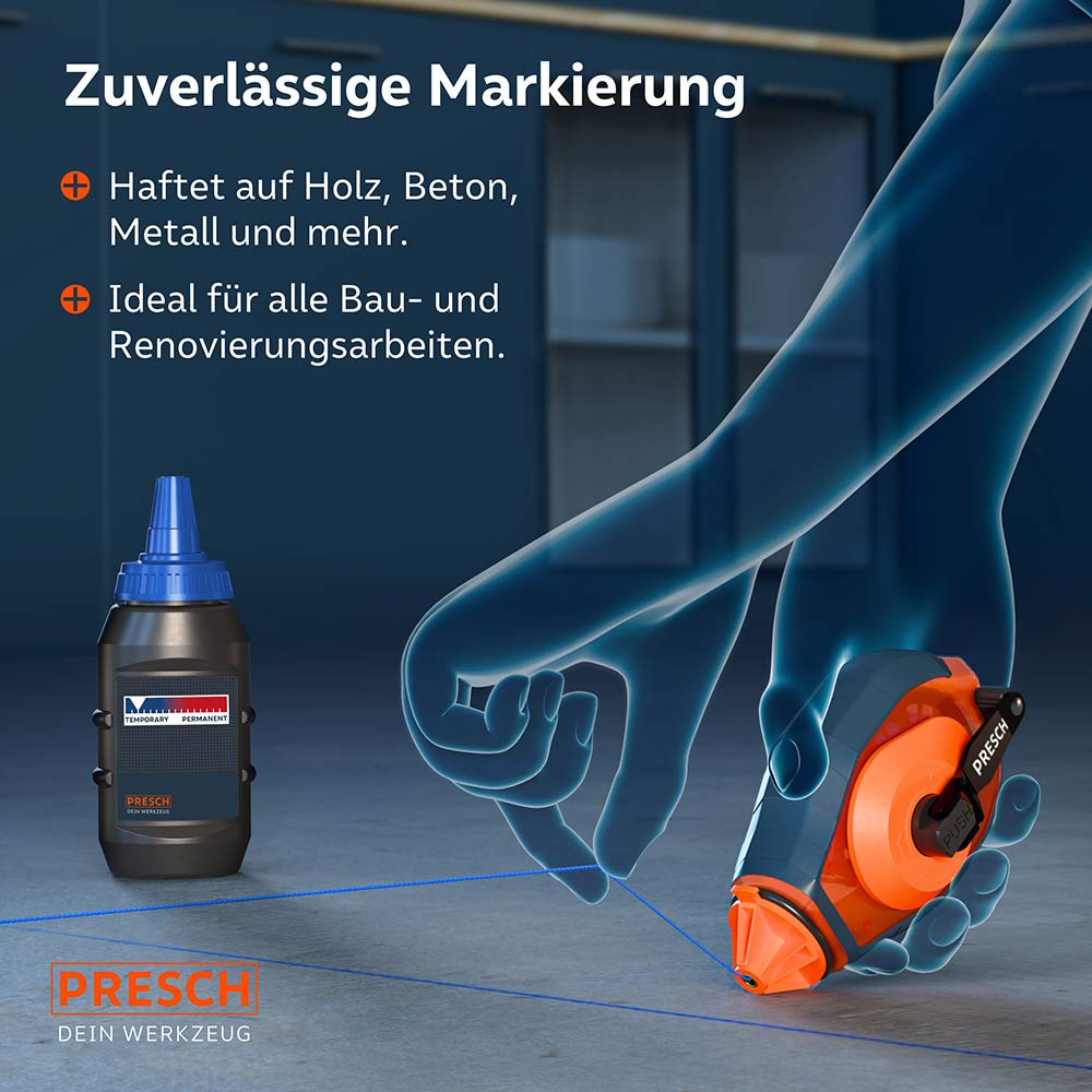 Vielseitige Haftung auf Baustoffen: Das blaue Markierungspulver liefert deutliche Linien auf Holz, Beton, Metall und Stein für alle Bau- und Renovierungsvorhaben.