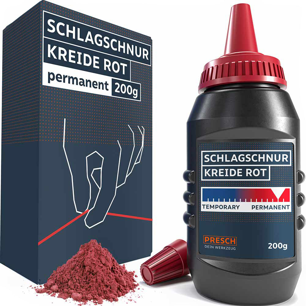 PRESCH rote Schlagschnurkreide (200g) – Permanente Markierungskreide in der Dosierflasche, inklusive Produktverpackung mit Anwendungsillustration.