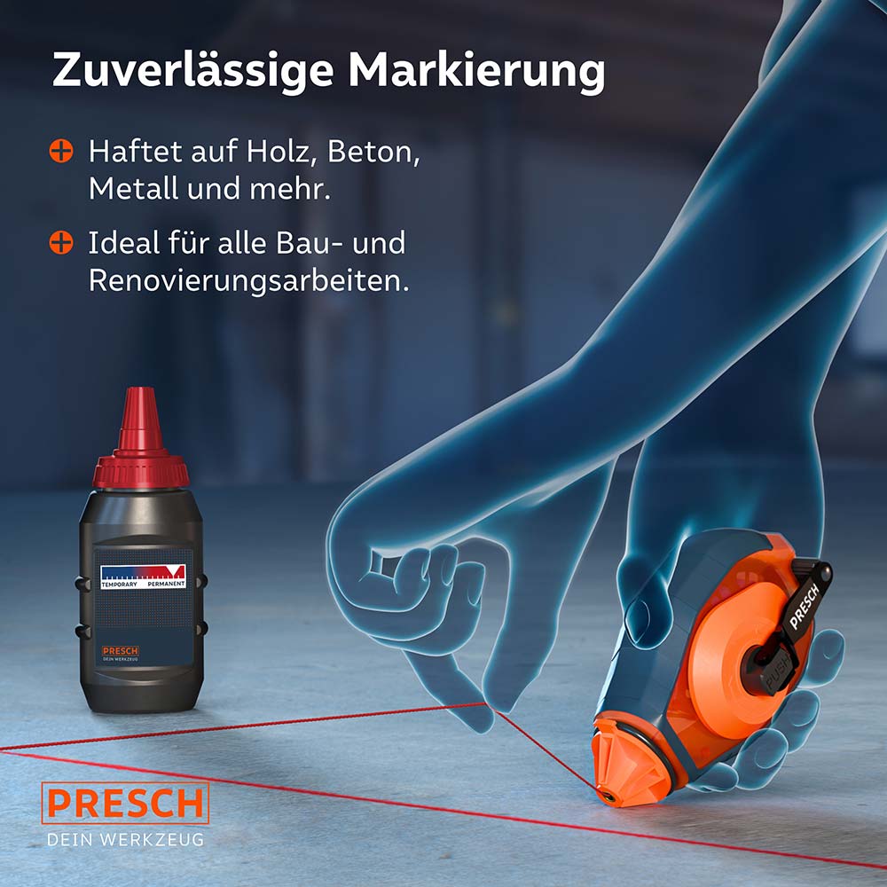 Vielseitige Haftung: Das Markierungspulver liefert kontrastreiche Linien auf Holz, Beton, Metall und weiteren gängigen Baustoffen für alle Renovierungsarbeiten.