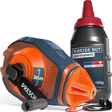 Ensemble de corde à marquer PRESCH comprenant un appareil ergonomique à corde à marquer (portée de 30 m) en bleu‑orange et une bouteille de 150 g de craie de marquage rouge permanente.