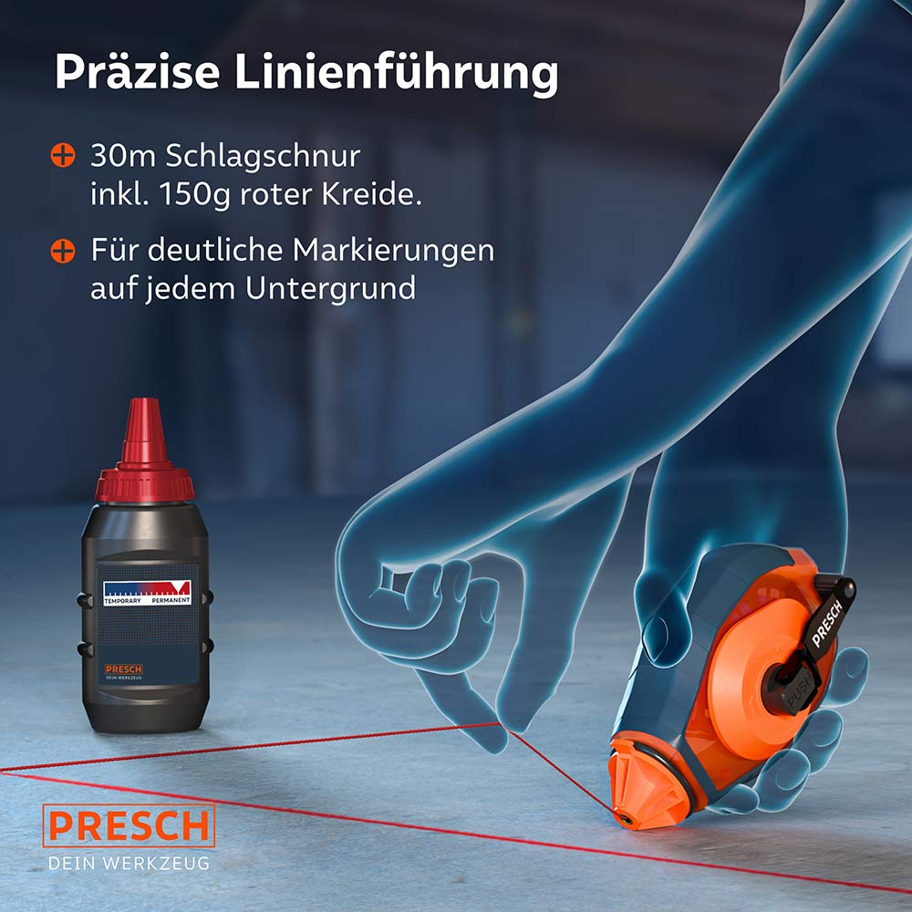 Anwendung auf Beton: Die 30m Schlagschnur inkl. 150g roter Kreide erzeugt scharfe, kontrastreiche Markierungslinien für exaktes Arbeiten auf jedem Untergrund.