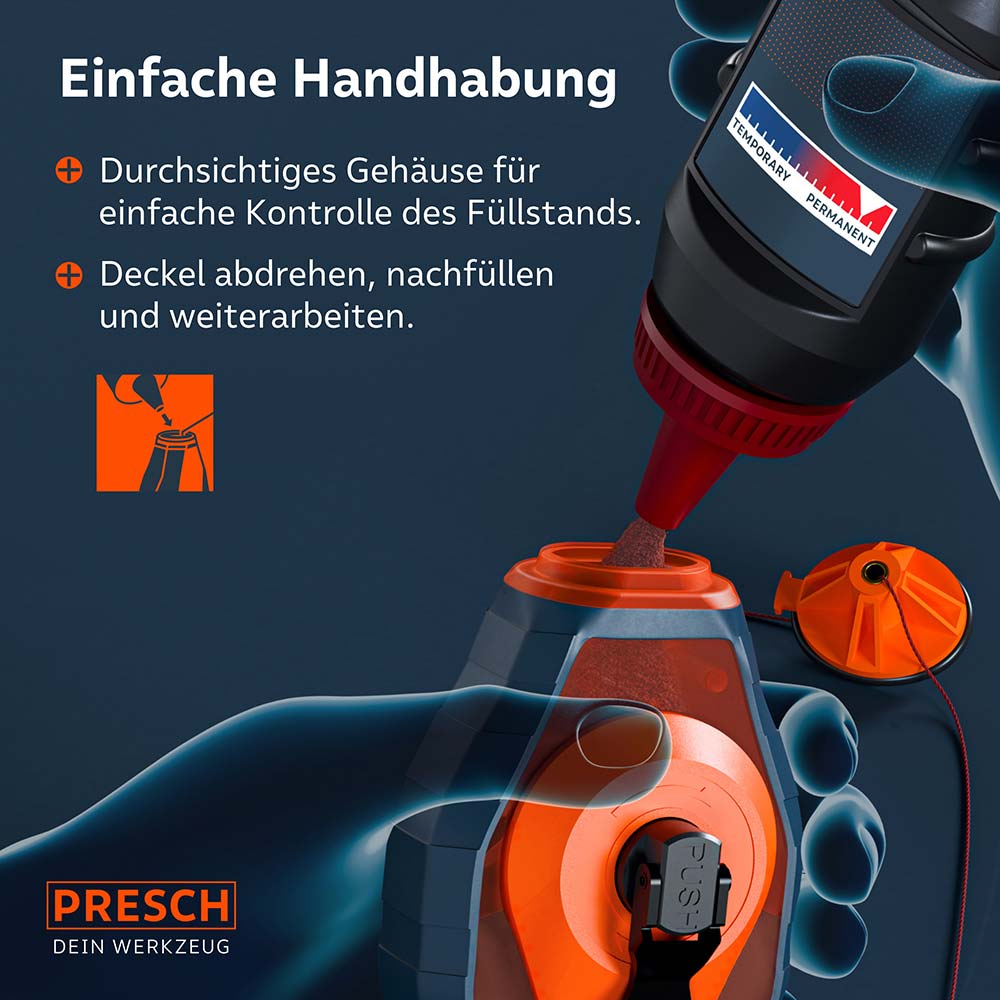 Komfortables Befüllen: Das durchsichtige Gehäuse ermöglicht eine einfache Füllstandskontrolle; der Deckel lässt sich zum schnellen Nachfüllen der roten Kreide einfach abdrehen.