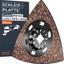 PRESCH Multitool Carbid Schuurplaat (80x80mm) met Starlock-opname. Driehoekige raspplaat voor mortel en tegelkleefmiddel met “Swiss Made” markering en grove hardmetaalcoating.