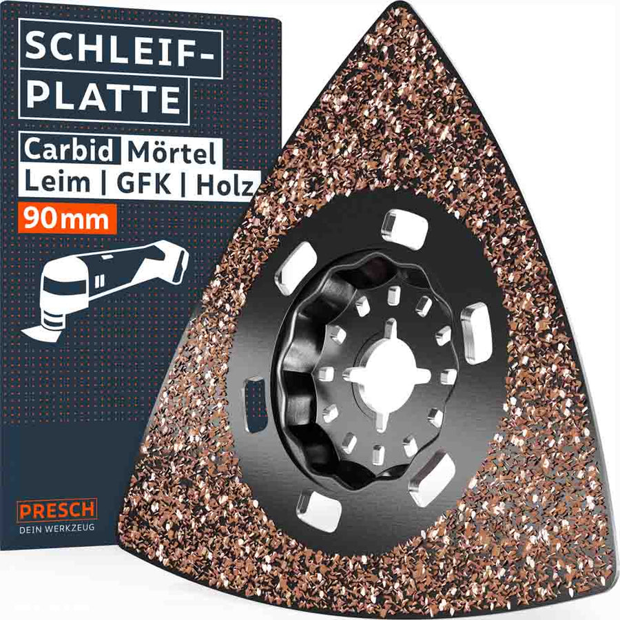 PRESCH Multitool Carbid Schuurplaat (80x80mm) met Starlock-opname. Driehoekige raspplaat voor mortel en tegelkleefmiddel met “Swiss Made” markering en grove hardmetaalcoating.